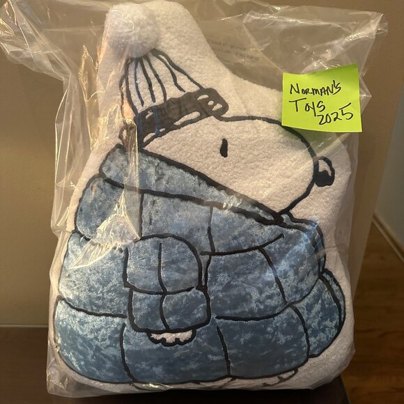 Snoopy Blue Plush Puffer Coat Pom Pon Stocking Decorative Pillow NWT 18x20" - Picture 1 of 5